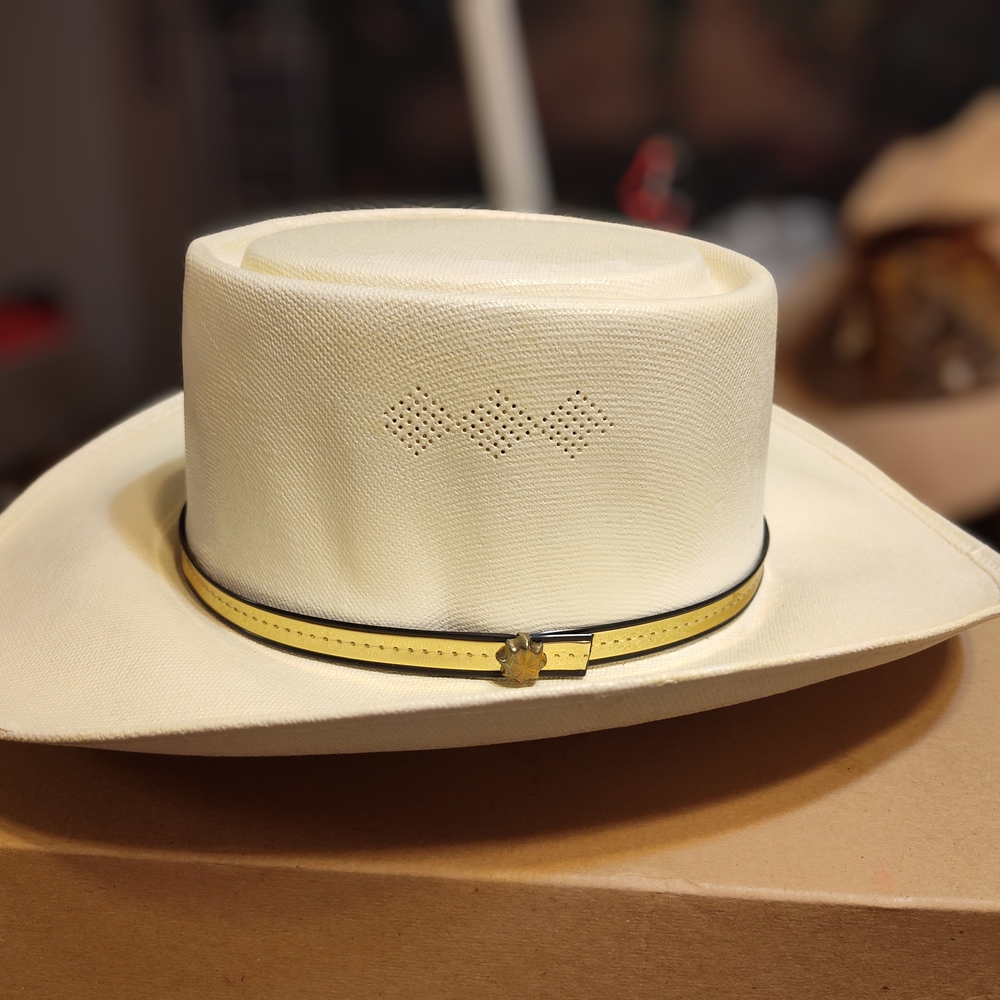 Cream Cowboy Hat with Black and Yellow Band